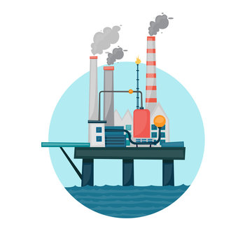 Oil extraction sea platform in the circle. Flat design vector illustration.