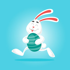 Easter bunny holds in paws an egg and runs. Character design. Flat design vector illustration.