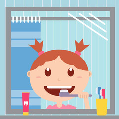 Girl looking at the mirror and brushing her teeth in the bathroom. Happy baby with healthy teeth, toothpaste and toothbrush. Vector flat illustrations.