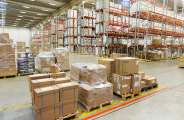 cargo boxes storing at warehouse shelves - obrazy, fototapety, plakaty