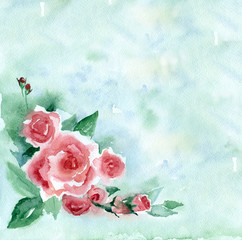 Watercolor painting. Vintage bouquet of red roses on a green blurred background.