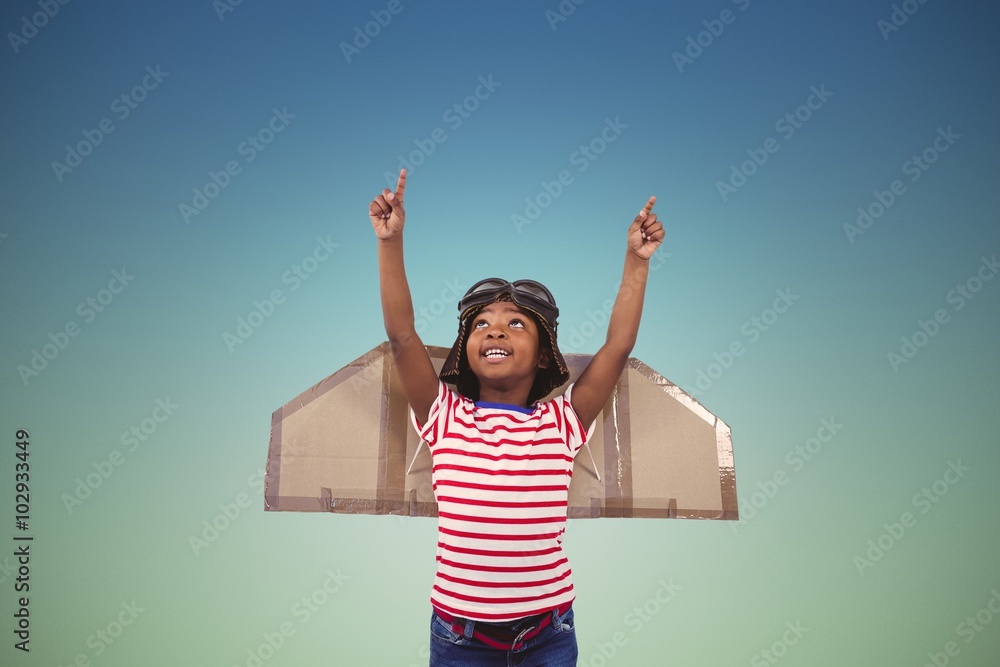 Poster composite image of smiling boy pretending to be pilot