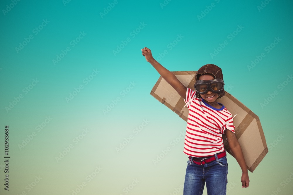 Poster composite image of smiling boy pretending to be pilot