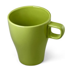 Mug, stoneware green. Green cup for tea coffee or juice in three views.
Green cup isolated on white background with clipping path.
