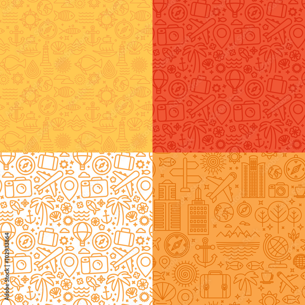 Poster Vector seamless patterns with linear icons and signs related to