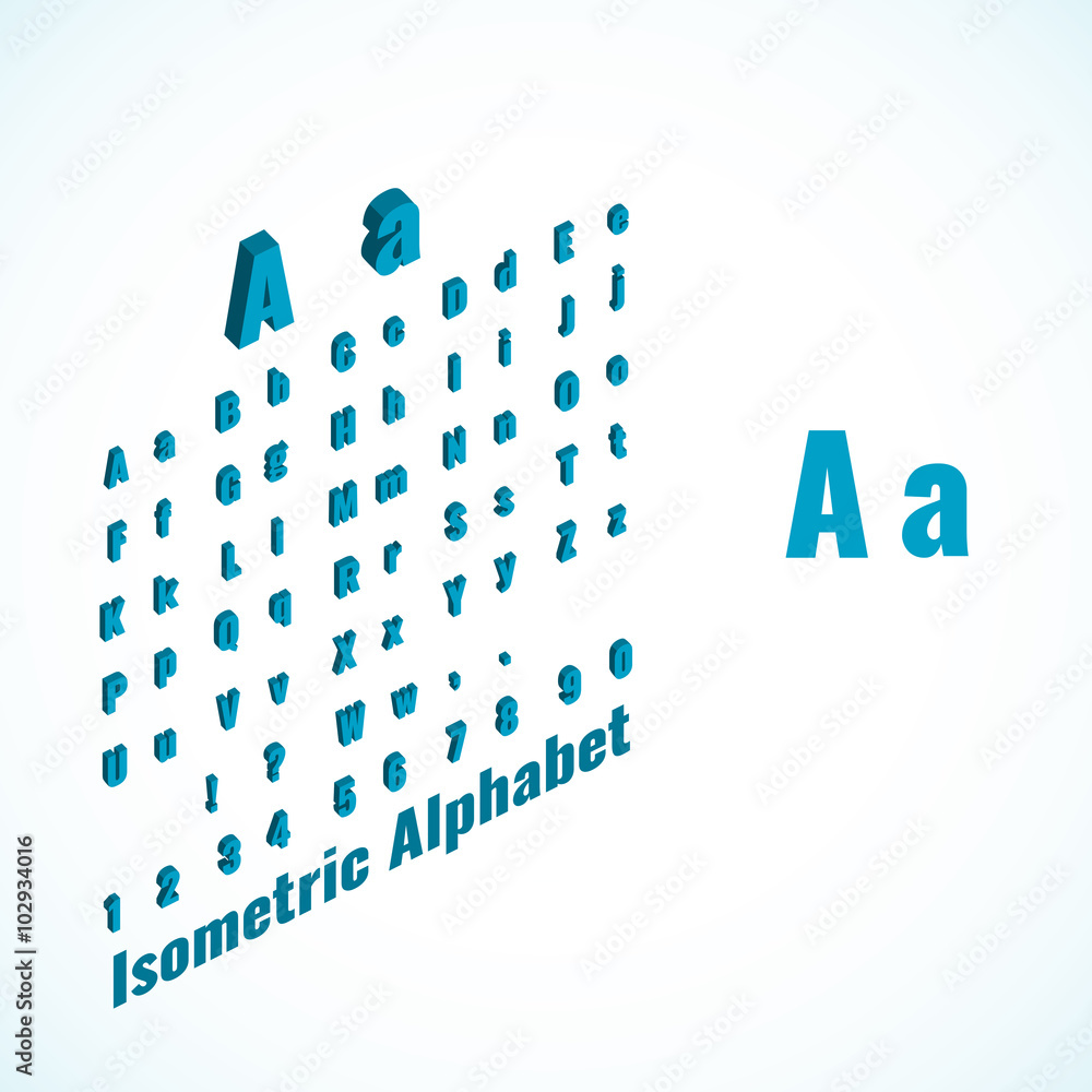 Poster isometric alphabet and font, small and large letters design element.