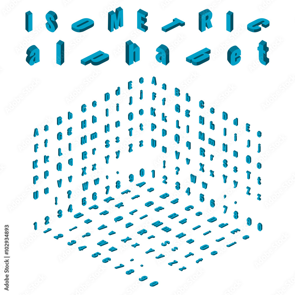 Fototapete isometric alphabet and font, small and large letters design element.