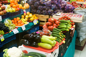 Fruits and vegetables on  counter agrarian market