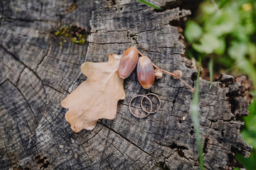 wedding rings with oak leaves and acorns on the saw cut the old