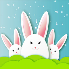 Greeting card with Happy Easter - with white Easter rabbit. Spring Funny Bunny. Easter Bunny. Easter Egg 