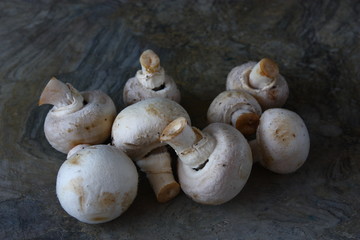 Many small raw unpeeled white champignons with round hats and short stems on brown wooden table