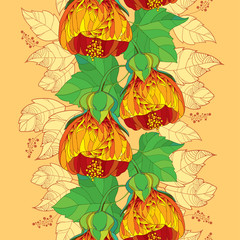 Seamless pattern with ornate Abutilon flower in orange and leaf on the beige background. Floral background in contour style.