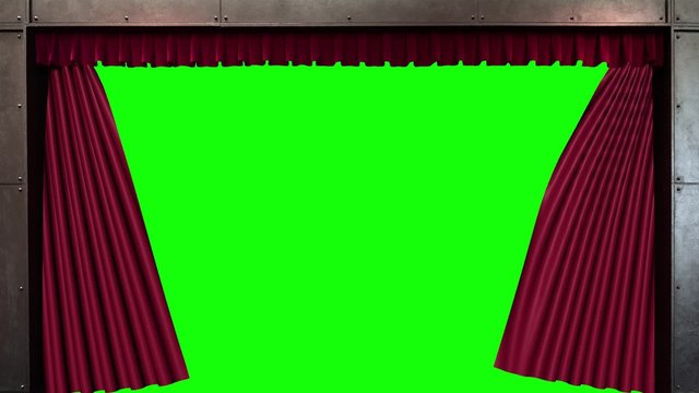 HD video clip of red theater curtains, on a proscenium,  being pulled open to reveal a green screen.