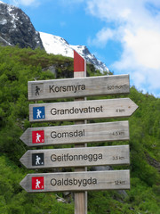 Wooden hiking signpost with destinations and distances for trekking, Oppland, Norway, Scandinavia