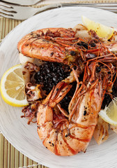 Jumbo prawns and grilled squids with black rice