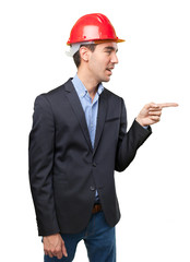 Happy architect pointing