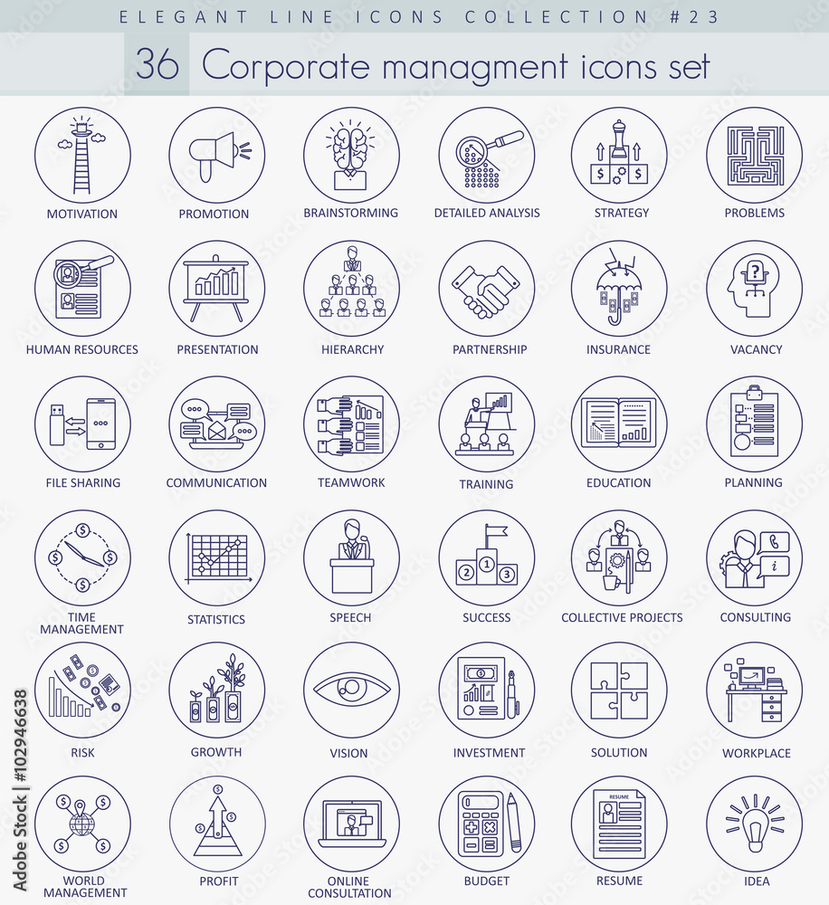 Poster vector corporate managment outline icon set. elegant thin line style design.