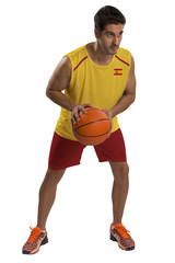 Professional Spanish basketball player with ball.