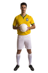 Brazilian soccer player, celebrating on a white background.