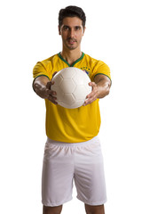 Brazilian soccer player, celebrating on a white background.