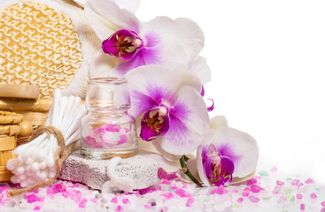  Composition with twig white orchid and accessories for of spa.