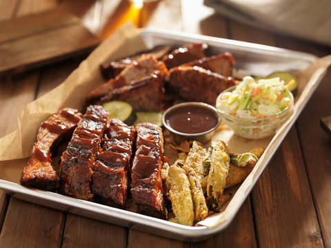 barbecue ribs with brisket, fried okrra and slaw