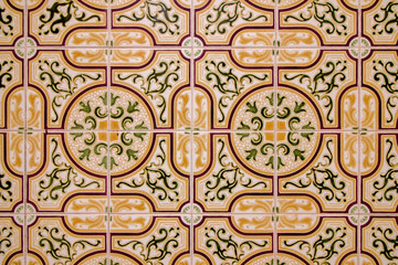 Close view of the beautiful artwork of the portuguese azulejo ceramic.