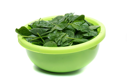 Close view of a bunch of fresh spinach on a green bowl, isolated on a white background.