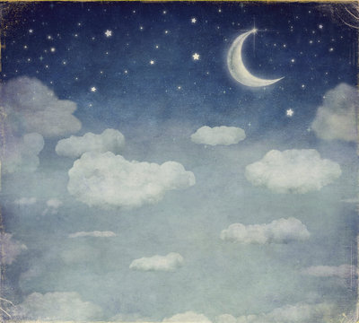 Illustration of a night sky with fantastic moon  and stars