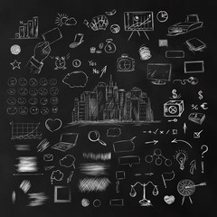 Big set of business components. Black and white sketch money