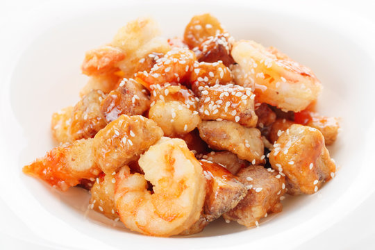 Deep fried eggplant and shrimps in sweet-sour sauce