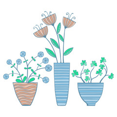 Beautiful Flowers In Pots. Vector Illustration.