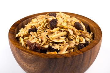 breakfast cereals in wood bowl