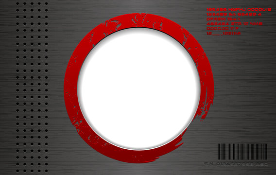 Vector industrial brushed metal techno background with round red paint frame. Perforated metallic, grunge and tech elements. White space for message or logo.