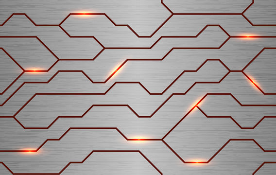Seamless vector futuristic techno texture. Abstract energy line on brushed metal background. Power vein light tech pattern.