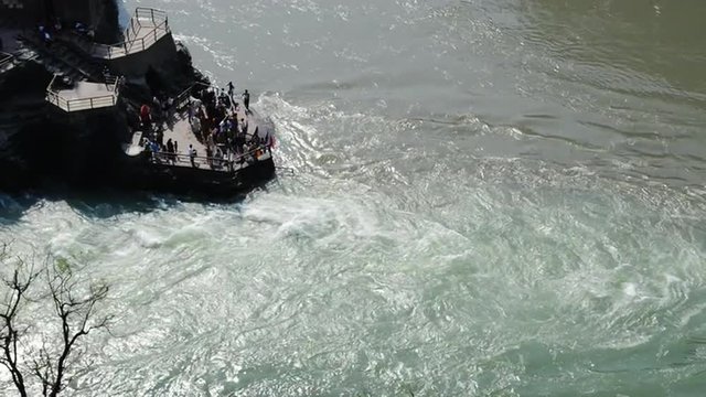 Locked-on shot of Devprayag view at confluence of Alaknanda and Bhagirathi River, Uttarakhand, India