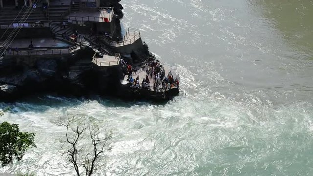 Locked-on shot of Devprayag view at confluence of Alaknanda and Bhagirathi River, Uttarakhand, India