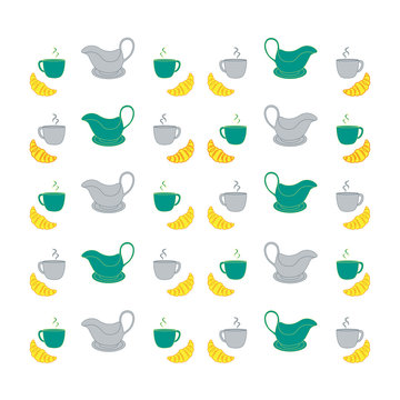 Nice picture with colorful cups, saucers, gravy boats and croiss