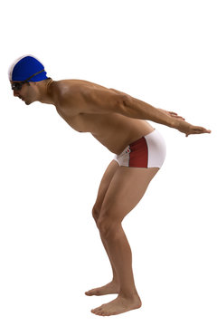  Portrait of man in swimsuit; professional swimmer with French u