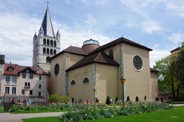View of the cathedral in city centre of Annecy