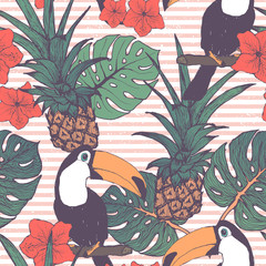 Seamless pattern with toucans pineapple and tropical leaves in vector