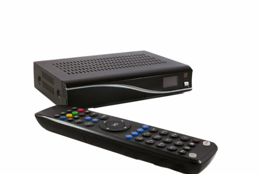Remote and Receiver for Satellite TV on white front view