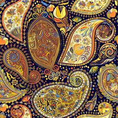 Paisley vintage floral motif ethnic seamless background. Abstract lace pattern. Ability to edit the colors, without losing seamlessly. Hand drawing colorful wallpaper. EPS-8 vector texture.
