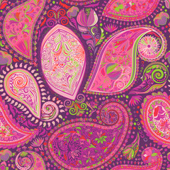 Paisley vintage floral motif ethnic seamless background. Abstract lace pattern. Ability to edit the colors, without losing seamlessly. Hand drawing colorful wallpaper. EPS-8 vector texture.
