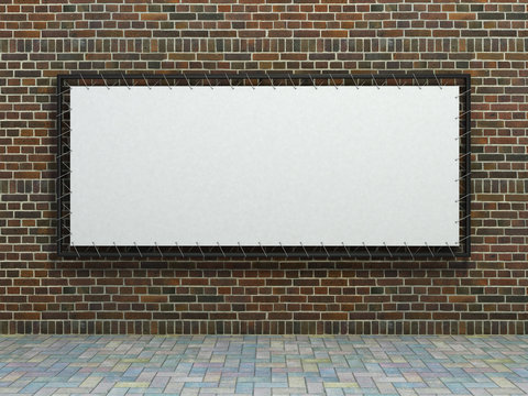 White stretch banner on brick wall background