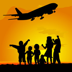 Fototapeta na wymiar children silhouette with airplane illustration