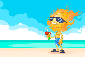 Sun Summer Boy Fire Head On Beach With Cocktail Cartoon Character
