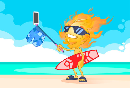 Sun Summer Boy Fire Head Taking Selfie Smart Phone Stick Hold Surfboard On Beach 