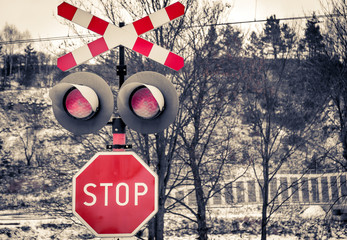 Red railroad warning sign
