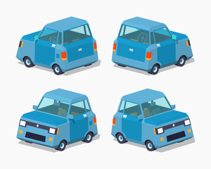 Blue compact car. 3D lowpoly isometric vector illustration. The set of objects isolated against the white background and shown from different sides